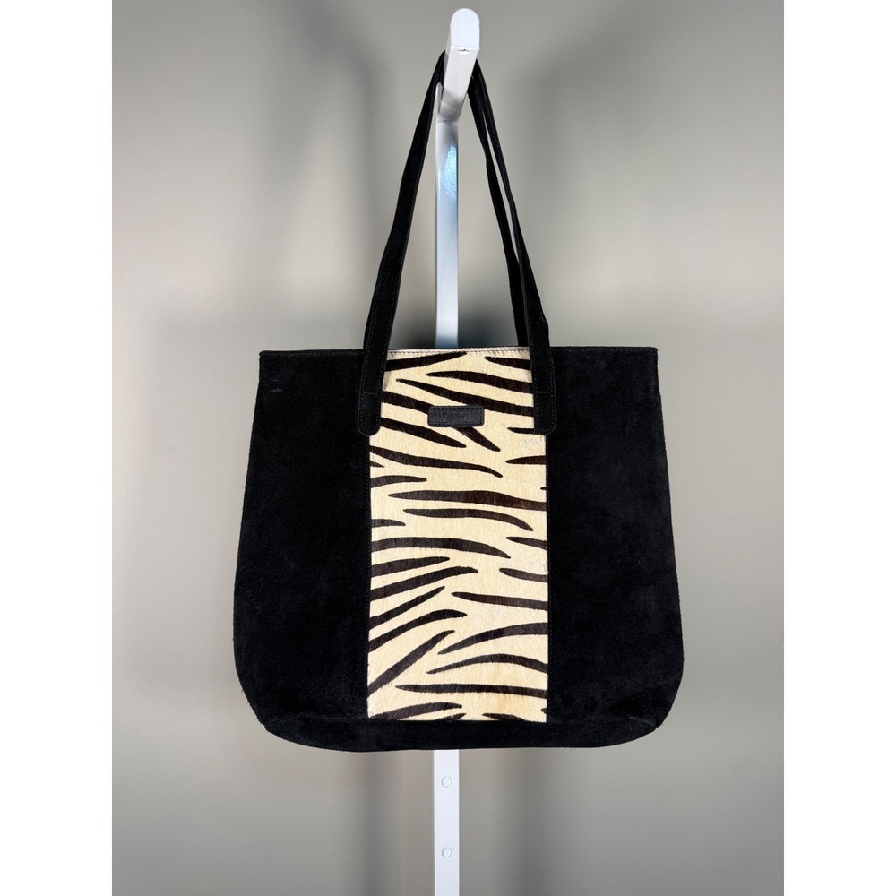 Jane Marie Zebra Haircalf Suede Tote Bag Black Animal Print